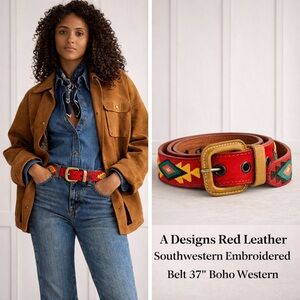 A Designs Red Leather Southwestern Embroidered Belt 37” Boho Western